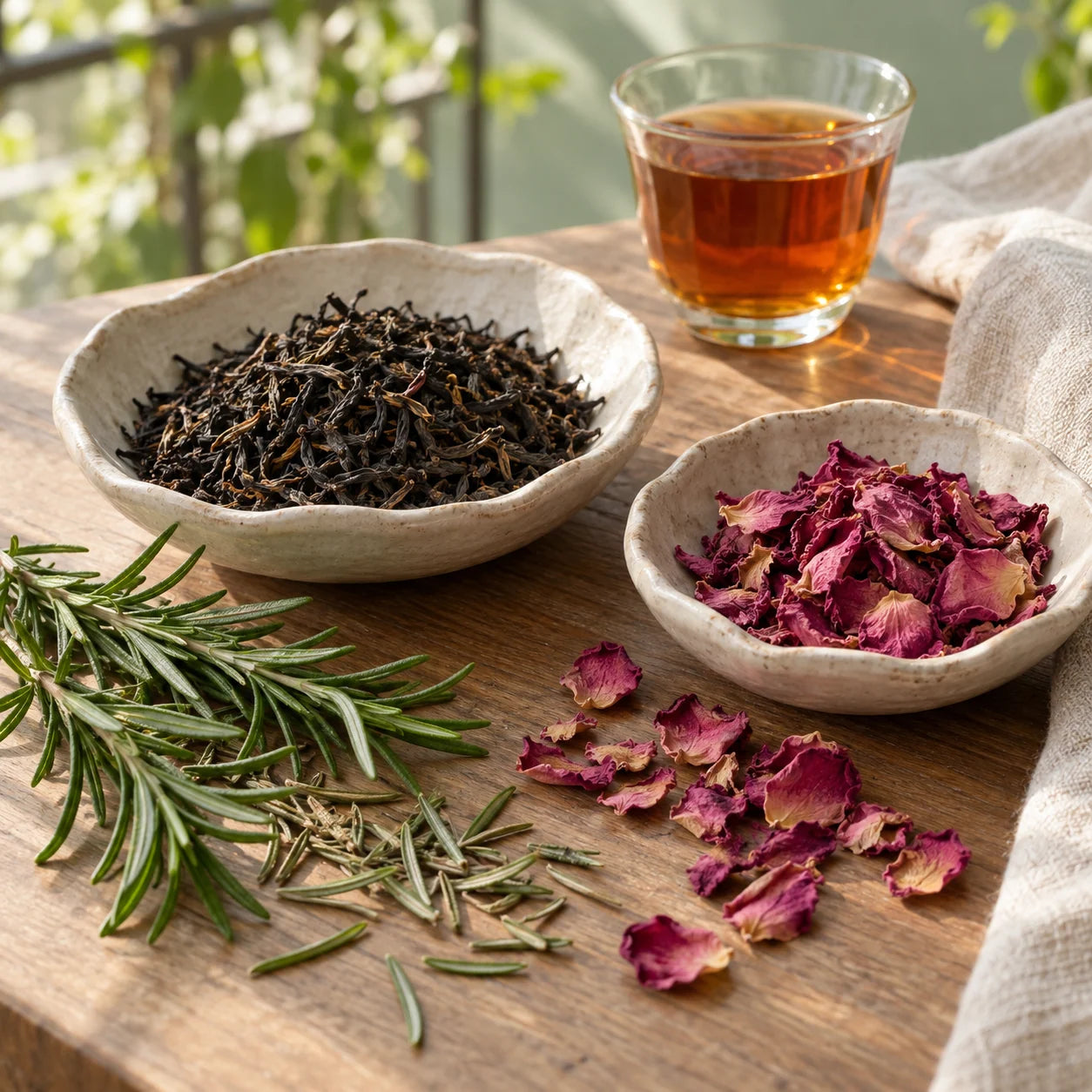 Rose Mornings ingredients: Black Tea, Rose, Rosemary.