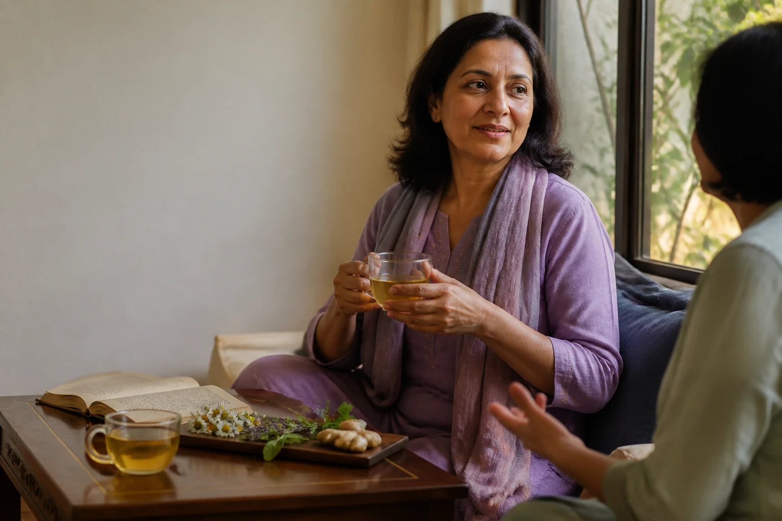 Two adults sharing a quiet botanical tea moment beside a window